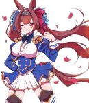  1girl ;) animal_ears bangs breasts brown_hair center_frills chemaru_(a8l) closed_mouth cowboy_shot daiwa_scarlet_(umamusume) epaulettes frills garter_straps highres horse_ears horse_girl horse_tail juliet_sleeves large_breasts long_hair long_sleeves looking_at_viewer one_eye_closed puffy_sleeves school_uniform simple_background smile solo standing tail thigh-highs tiara tracen_school_uniform twintails umamusume very_long_hair white_background 