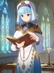  1girl bangs blue_hair book candle candlestand closed_mouth dress fire_emblem fire_emblem_echoes:_shadows_of_valentia green_eyes holding holding_book indoors light_particles long_sleeves reading short_hair silque_(fire_emblem) solo standing turtleneck veil wooden_table yoshitake 
