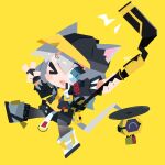  1girl absurdres animal_ears arknights black_gloves chibi click_(arknights) drone fingerless_gloves full_body gloves grey_hair hat highres infection_monitor_(arknights) mouse_ears mouse_girl mouse_tail nuu_(nu-nyu) one_eye_closed simple_background solo staff tail v yellow_background 