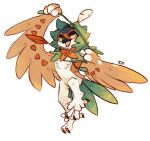  arrow_(projectile) bow_(weapon) decidueye full_body highres holding holding_bow_(weapon) holding_weapon pokemon pokemon_(creature) signature simple_background smile solo standing standing_on_one_leg sui_(suizilla) weapon white_background yellow_eyes 