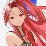  1girl bi_ting_(xia_lan) blue_sky border collared_dress dress flower hair_flower hair_ornament highres jewelry looking_at_viewer necklace ponytail red_dress redhead sky smile solo upper_body xia_lan xia_lan_bi_ting_chao_hua 