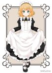  1girl alternate_costume apron bangs black_dress black_footwear blonde_hair blush brown_background center_frills closed_mouth collared_shirt commentary_request dress enmaided eyebrows_visible_through_hair frilled_apron frilled_dress frills full_body gochuumon_wa_usagi_desu_ka? green_eyes highres juliet_sleeves kirima_syaro long_sleeves looking_at_viewer maid maid_apron maid_headdress mitya pantyhose puffy_sleeves shirt shoes skirt_hold sleeves_past_wrists smile solo standing twitter_username two-tone_background white_apron white_background white_legwear 