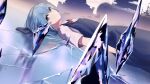  1girl blue_bow blue_dress blue_eyes blue_hair bow cirno cityscape clouds commentary crack crystal dot_mouth dqn_(dqnww) dress hair_between_eyes hair_bow ice looking_at_viewer lying neck_ribbon on_back red_ribbon ribbon shirt short_hair short_sleeves solo touhou white_shirt 