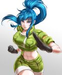  1girl blue_eyes blue_hair clenched_hand earrings gloves green_jacket green_shorts jacket jewelry leona_heidern mayonakadays midriff military military_uniform navel ponytail shorts sleeves_rolled_up solo suspenders the_king_of_fighters the_king_of_fighters_xv triangle_earrings twisted_torso uniform 