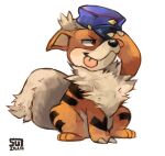  blue_headwear growlithe hand_up hat no_humans pokemon pokemon_(creature) signature simple_background smile standing standing_on_three_legs sui_(suizilla) white_background 