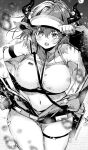  1girl :o animal_ears arknights arm_strap arm_up ba_kanoko bag bare_shoulders blush breasts cow_ears cow_girl cow_horns cowboy_shot eyebrows_visible_through_hair greyscale hand_on_headwear highres horns jacket large_breasts long_sleeves looking_at_viewer monochrome navel off_shoulder official_alternate_costume open_clothes open_jacket open_mouth shoulder_bag sideroca_(arknights) sideroca_(light_breeze)_(arknights) solo thigh_strap v-shaped_eyebrows visor_cap 