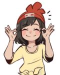  1girl black_hair blush_stickers closed_eyes closed_mouth commentary_request facing_viewer hands_up hat ok_sign pokemon pokemon_(game) pokemon_sm red_headwear selene_(pokemon) shirt simple_background smile solo sui_(suizilla) upper_body white_background yellow_shirt 