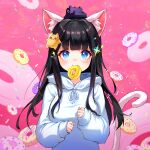  1girl absurdres animal_ear_fluff animal_ears bangs black_hair blue_eyes breasts cat_ears cat_girl cat_tail doughnut food food_in_mouth hair_ornament highres hood hood_down hoodie long_hair looking_at_viewer medium_breasts minj_kim mouth_hold original second-party_source sleeves_past_wrists solo tail upper_body white_hoodie 