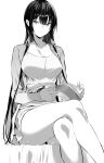  1girl bangs black_hair book breasts cardigan crossed_legs greyscale hiiragi_yuuichi holding holding_book large_breasts long_hair looking_at_viewer monochrome original parted_lips reading simple_background sitting solo takamine_takane thighs very_long_hair white_background 