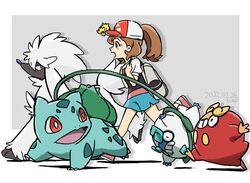  1girl backpack bag border brown_hair bulbasaur commentary_request darumaka dated elaine_(pokemon) from_side furfrou galarian_darumaka grey_background grey_bag hat high_ponytail highres joltik leg_up long_hair pink_footwear plant pokemon pokemon_(creature) pokemon_(game) pokemon_lgpe shirt shoes short_sleeves shorts signature standing ueda_hanako vines white_border white_shirt 