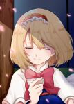  1girl absurdres alice_margatroid blonde_hair blush closed_eyes cup eyebrows_visible_through_hair hairband highres holding holding_cup petals red_headwear smile solo touhou uchisaki_himari 