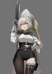  1girl :d absurdres arknights armor asymmetrical_legwear bangs belt black_ribbon black_shorts breasts brown_belt brown_cape brown_legwear cape chinese_commentary commentary_request fartooth_(arknights) feather_hair gauntlets grey_background grey_hair helmet high-waist_shorts highres huizhiyin large_breasts long_sleeves looking_at_viewer open_mouth ribbon shirt shorts side-tie_shorts sidelocks simple_background single_leg_pantyhose single_thighhigh smile solo thigh-highs thigh_gap thigh_pouch thigh_strap uneven_legwear white_shirt yellow_eyes 
