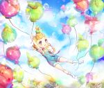 1girl ahoge apple_cookie balloon bangs_pinned_back blonde_hair blue_eyes blush breasts bubble bubble_blowing commentary_request cookie_run humanization short_hair sky solo soriya translation_request yuki_(dajin) 