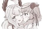  2girls :d ahoge blush brown_theme enna_alouette flower hair_flower hair_ornament head_wings heart heart_in_mouth highres licking licking_another&#039;s_cheek licking_another&#039;s_face long_hair monochrome multiple_girls nijisanji nijisanji_en one_eye_closed rose rosemi_lovelock simple_background smile telomere tongue tongue_out white_background yuri 