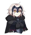  1girl ahoge black_cape cape chain fate/grand_order fate_(series) fur-trimmed_cape fur_trim highres jeanne_d&#039;arc_alter_(avenger)_(fate) jeanne_d&#039;arc_alter_(avenger)_(first_ascension)_(fate) jeanne_d&#039;arc_alter_(fate) looking_at_viewer natal_png pale_skin solo upper_body yellow_eyes 