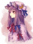  1girl animal_ears ascot bangs blue_bow blunt_bangs bow cat_day cat_ears commentary crescent dated dress eyebrows_visible_through_hair from_side hair_bow hat hat_bow kemonomimi_mode long_hair m_(neteitai10) mob_cap one-hour_drawing_challenge open_mouth patchouli_knowledge pink_dress purple_hair red_ascot red_bow solo touhou upper_body violet_eyes 