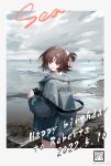  1girl alternate_costume animal_ears arknights bangs blue_coat boat brown_eyes brown_hair camera character_name clouds cloudy_sky coat collared_shirt cowboy_shot dated framed from_behind happy_birthday highres holding holding_camera horizon iris_(user_pskd5754) iris_yi long_sleeves looking_at_viewer looking_back ocean otter otter_ears otter_girl oversized_clothes parted_lips pearl_hair_ornament ponytail reflection reflective_water roberta_(arknights) shirt shore short_hair sky solo stamp_mark watercraft wind wind_lift 