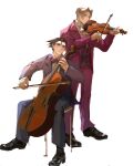  2boys ace_attorney ascot black_hair bow cello formal grey_hair highres instrument long_sleeves male_focus miles_edgeworth multiple_boys music phoenix_wright playing_instrument sitting standing suit turquoise_mika violin white_background 