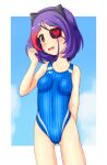  1girl animal_ears blue_sky blue_swimsuit breasts cat_ears clouds commentary_request competition_swimsuit cowboy_shot eyepatch fake_animal_ears fang groin hayasaka_mirei heart heart_eyepatch highres idolmaster idolmaster_cinderella_girls multicolored_hair one-piece_swimsuit purple_hair rakukisa redhead short_hair sky small_breasts solo standing streaked_hair striped striped_swimsuit swimsuit 