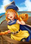  1girl absurdres alena_(dq4) atarime_(atarimemakaron) blush breasts cape closed_eyes clouds curly_hair dragon_quest dragon_quest_iv dress earrings gloves hat highres jewelry long_hair open_mouth orange_hair pantyhose skirt smile solo 
