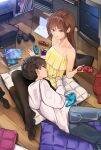  1boy 1girl bare_arms bare_shoulders bedroom black-framed_eyewear black_legwear breasts brown_eyes brown_hair collarbone commentary controller dress eyebrows_visible_through_hair feet fingernails full_body game_console game_controller glasses highres holding holding_controller holding_eyewear indoors lap_pillow long_hair nintendo_switch no_shoes original pantyhose pillow sitting skirt soles television thigh-highs yellow_dress yewang19 