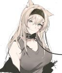  1girl animal_ears arknights bare_shoulders black_collar black_hairband black_jacket blonde_hair blue_eyes breasts collar extra_ears eyebrows_visible_through_hair grey_tank_top hair_between_eyes hair_ornament hairband hairclip highres horn_(arknights) jacket joshua_(shisanli934) large_breasts leash long_hair looking_at_viewer open_clothes open_jacket simple_background smile solo tank_top upper_body white_background wolf_ears 