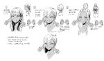  1girl bangs butakun commentary_request double_v ear_piercing earrings greyscale hair_bun jewelry long_hair looking_at_viewer monochrome multiple_views original piercing short_hair smile translation_request v variations 
