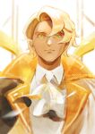  1boy artist_name ascot blonde_hair blurry clotted_cream_cookie cookie_run green_eyes hair_between_eyes highres male_focus mayst0rm personification short_hair solo upper_body white_ascot 