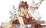  1girl :| animal_on_head animal_on_shoulder annoyed ascot autumn autumn_leaves barefoot bird bird_on_bird bird_on_hand bird_on_head bird_on_shoulder bow broom brown_eyes brown_hair closed_mouth detached_sleeves full_body hair_bow hakurei_reimu hand_on_own_cheek hand_on_own_face holding holding_broom konabetate nekomata on_head red_bow red_skirt red_vest sitting_on_bench skirt skirt_set solo sparrow sweatdrop touhou v-shaped_eyebrows vest waist_bow wide_sleeves yellow_ascot yellow_bow 