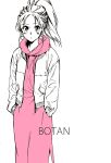  1girl blush botan_(yu_yu_hakusho) casual character_name dress earrings hands_in_pocket high_ponytail highres jacket jewelry long_hair long_hoodie looking_at_viewer pink_dress ponytail shivaharu sidelocks solo white_background yu_yu_hakusho 