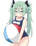  1girl :o alternate_costume alternate_hairstyle ball beachball black_ribbon blue_swimsuit blush breast_rest breasts collarbone covered_navel cowboy_shot green_hair hair_between_eyes hair_flaps hair_ornament hair_ribbon hairclip hank_(spider921) highres kantai_collection long_hair one-piece_swimsuit ribbon school_swimsuit simple_background small_breasts solo swimsuit twintails white_background yamakaze_(kancolle) 