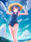  1girl beach blue_sky blue_swimsuit brown_eyes covered_navel cowboy_shot day forest from_below hat kamonan_(pixiv_id_1430057) long_hair looking_down nature ocean one-piece_swimsuit outdoors precure purple_hair sand school_swimsuit sky smile sun_hat suzumura_sango swimsuit tree tropical-rouge!_precure twintails 