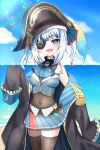  1girl absurdres ascot beach belt bicorne blue_ascot blue_hair blue_hoodie blue_ribbon blue_sky blurry blush bokeh breasts brooch clouds cosplay covered_navel depth_of_field epaulettes eyepatch fish_skeleton gawr_gura hair_ribbon hat highres hololive hololive_english hood hoodie horizon houshou_marine houshou_marine_(cosplay) jewelry kaisin_ao looking_at_viewer midriff ocean off_shoulder pleated_skirt ribbon sand sharp_teeth skirt sky sleeves_past_wrists small_breasts smile solo teeth thigh-highs thighs twintails virtual_youtuber water zettai_ryouiki 