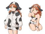 1girl animal_ears animal_print arinsu_(kodamamaimai) bloomers breasts brown_hair closed_mouth cow_print curly_hair dragon_quest dragon_quest_vii fake_animal_ears green_eyes hat long_hair looking_at_viewer maribel_(dq7) navel open_mouth shorts simple_background slime_(dragon_quest) solo underwear white_background 