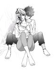  1boy 1girl arms_around_waist barefoot collarbone couple full_body headband hetero hiei_(yu_yu_hakusho) jewelry lips long_sleeves looking_at_viewer monochrome mukuro_(yu_yu_hakusho) necklace pants parted_lips scar scar_on_face shivaharu short_hair sitting yu_yu_hakusho 