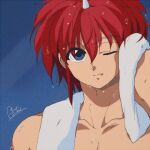 1boy blue_background collarbone eyebrows_visible_through_hair fang holding holding_towel horns jin_kaze_tsukai looking_at_viewer male_focus one_eye_closed petagon redhead single_horn solo topless_male towel upper_body water water_drop wet yu_yu_hakusho 