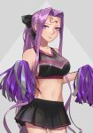  1girl alternate_costume belly cheerleader facial_mark fate_(series) forehead forehead_mark hakohako-does highres medusa_(fate) ponytail purple_hair simple_background violet_eyes 