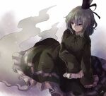  1girl black_headwear black_ribbon commentary dress eyebrows_visible_through_hair frilled_dress frills full_body ghost_tail green_dress green_eyes grey_hair hair_between_eyes hat hat_ribbon long_sleeves m_(neteitai10) multiple_tails neck_ribbon ofuda ofuda_on_clothes one-hour_drawing_challenge ribbon short_hair signature sleeves_past_fingers sleeves_past_wrists smile soga_no_tojiko solo tail tate_eboshi touhou two_tails wide_sleeves 