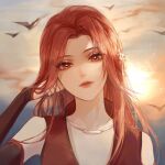  1girl bi_ting_(xia_lan) bird clenched_hand clouds dress dusk hand_in_own_hair looking_at_viewer orange_sky ponytail red_dress redhead sky solo upper_body xia_lan xia_lan_bi_ting_chao_hua 