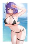  1girl absurdres arm_under_breasts arm_up beach bikini black_bikini blue_sky blush border breasts doraski eyebrows_visible_through_hair flower furrowed_brow genshin_impact hair_flower hair_ornament highres large_breasts leaning_forward long_hair looking_at_viewer navel one_eye_closed purple_hair raiden_shogun side-tie_bikini skindentation sky solo stomach swimsuit thigh_gap thigh_strap thighs violet_eyes water white_border 