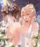  2girls alternate_costume alternate_hairstyle backless_dress backless_outfit blonde_hair blue_eyes blurry blurry_foreground bridal_veil bride brown_hair choker church commentary_request detached_sleeves dress elbow_gloves flower genshin_impact gloves hair_between_eyes hair_bun hair_flower hair_ornament hair_up hand_on_another&#039;s_cheek hand_on_another&#039;s_face happy highres jean_(genshin_impact) jewelry lisa_(genshin_impact) long_hair multiple_girls one_eye_closed open_mouth ponytail ring see-through see-through_sleeves stained_glass tears veil wedding wedding_dress wedding_ring white_choker white_dress white_gloves wife_and_wife wiping_tears yuri zorachu3 