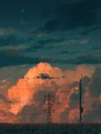  absurdres clouds commentary_request crescent_moon cumulonimbus_cloud evening grass highres lamppost moon no_humans original outdoors power_lines scenery shuu_illust sky transmission_tower utility_pole 