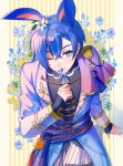  1boy ;) alternate_hairstyle animal_ears blue_eyes blue_flower blue_hair floral_background flower hand_up highres izullu kaito_(vocaloid) male_focus official_alternate_costume one_eye_closed project_sekai rabbit_boy rabbit_ears smile solo 