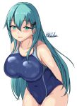  1girl aqua_eyes aqua_hair arms_behind_back blue_swimsuit breasts competition_swimsuit covered_navel dated eyebrows_visible_through_hair hair_between_eyes hair_ornament hairclip highres impossible_clothes impossible_swimsuit kantai_collection large_breasts long_hair looking_at_viewer montemasa one-piece_swimsuit simple_background solo suzuya_(kancolle) swimsuit twitter_username two-tone_swimsuit wet wet_clothes wet_swimsuit white_background 