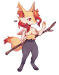  alternate_hairstyle braixen closed_mouth fewer_digits full_body furry hand_up highres holding holding_stick pokemon pokemon_(creature) signature simple_background smile solo standing stick sui_(suizilla) white_background 