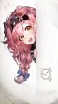  1girl :d ^^^ animal_ears arknights black_hairband blush braid cat_ears eyebrows_visible_through_hair goldenglow_(arknights) hairband highres libiadan lightning_bolt_print long_hair looking_at_viewer open_mouth peeking_out pink_hair simple_background single_braid smile solo upper_body wall white_background yellow_eyes 