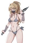  1girl bikini black_mask blonde_hair bow_(bhp) breasts closed_mouth cowboy_shot dagger grey_bikini holding holding_dagger holding_weapon knife looking_at_viewer mask medium_breasts mouth_mask multi-strapped_bikini navel ninja ponytail red_eyes reverse_grip simple_background solo swimsuit weapon white_background 