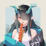 1girl :p aqua_skin arknights artist_name bare_shoulders black_hair black_jacket china_dress chinese_clothes cleavage_cutout clothing_cutout dango dragon_horns dress dusk_(arknights) ear_piercing earrings food green_hair hair_over_one_eye highres holding holding_food horns jacket jewelry lierenfelon long_hair looking_at_viewer multicolored_hair off_shoulder open_clothes open_jacket piercing pointy_ears red_eyes sleeveless sleeveless_dress solo streaked_hair tassel tassel_earrings tongue tongue_out wagashi white_dress 