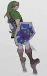  1boy arms_at_sides blonde_hair blue_eyes boots closed_mouth dutch_angle earrings elf from_side full_body hat highres holding holding_shield holding_sword holding_weapon hylian_shield jewelry layered_sleeves leggings legs_apart link long_sleeves looking_afar male_focus master_sword oimo_(oimkimn) pointy_ears reflective_floor scabbard sheath shield short_hair short_over_long_sleeves short_sleeves sidelocks solo standing sword the_legend_of_zelda the_legend_of_zelda:_ocarina_of_time tunic weapon 