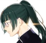  1girl bangs glasses green_hair jujutsu_kaisen jujutsu_tech_uniform nonockha ponytail simple_background white_background yellow_eyes zen&#039;in_maki 